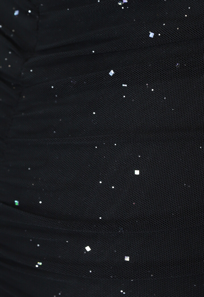 Geplooide Zwarte Glitter Jurk met V Decolleté met Chiffon Mouwen