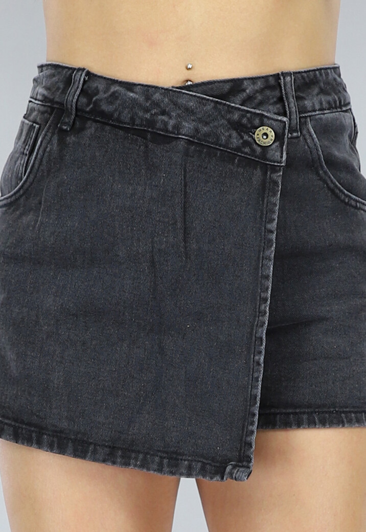 Antraciet Denim Overslag Skort met Schuine Sluiting