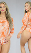 Oranje Mesh Longsleeve Bodysuit met Print