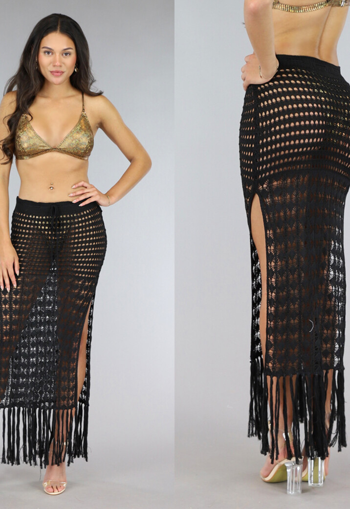 Zwarte Gehaakte Maxi Strand Rok met Veterdetail