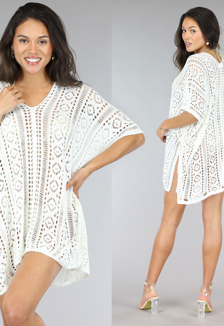 Witte Gehaakte Cover Up Jurk met Zijsplit