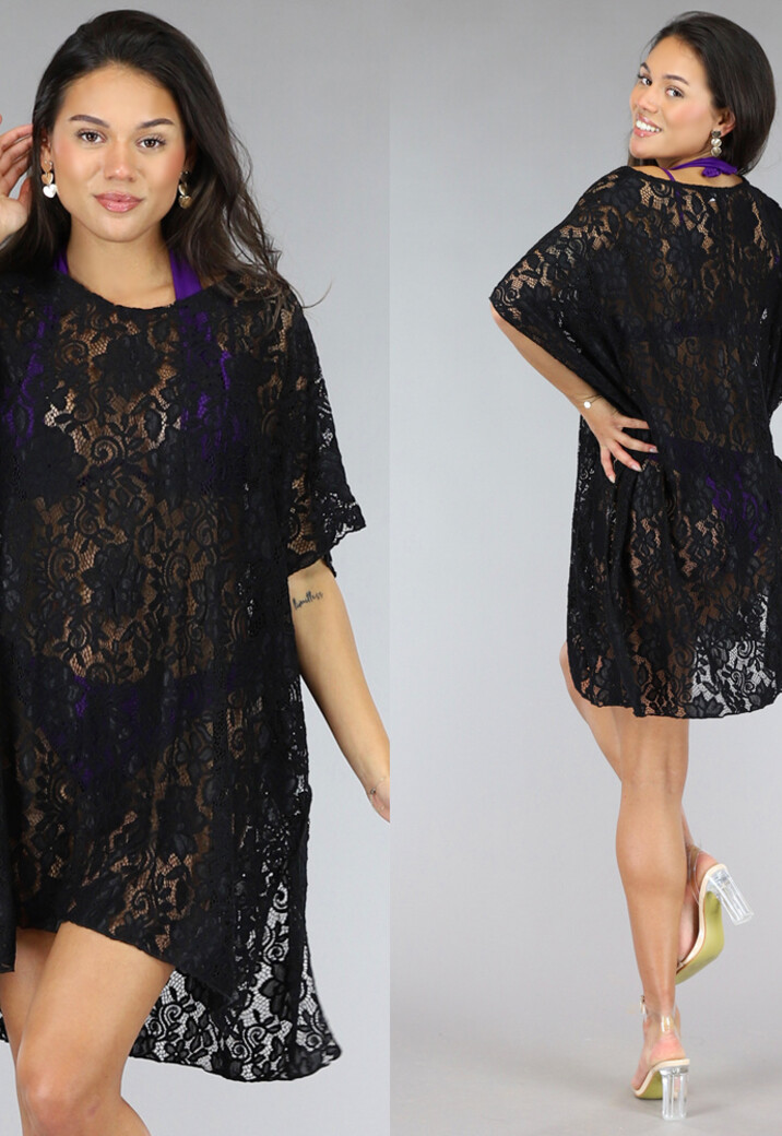 Zwart Kanten Loose-Fit Strandtuniek