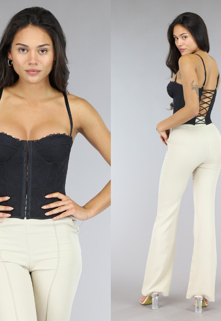 Zwarte Korset Top met Kanten Details