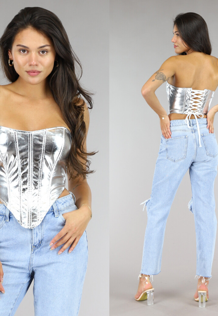 Metallic Zilveren Korset Top met Rijgwerk