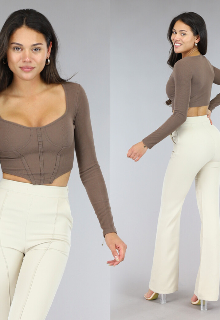 Bruine Rib Longsleeve Top met Korset Detail