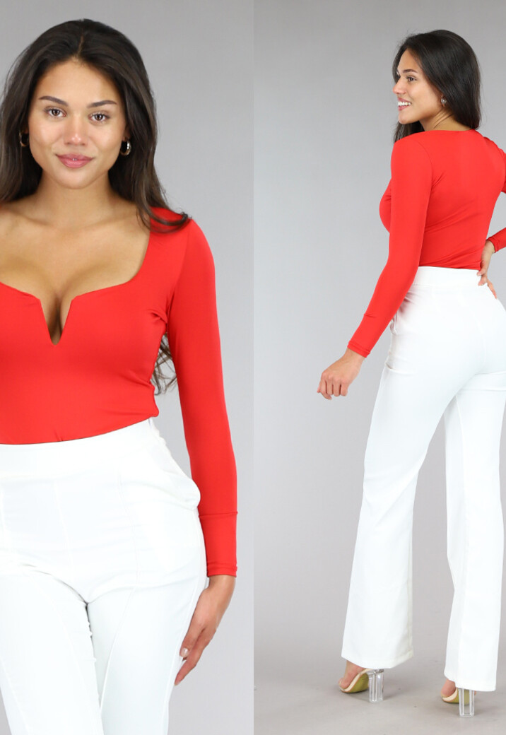Elastische Rode Bodysuit met Diepe V-Hals