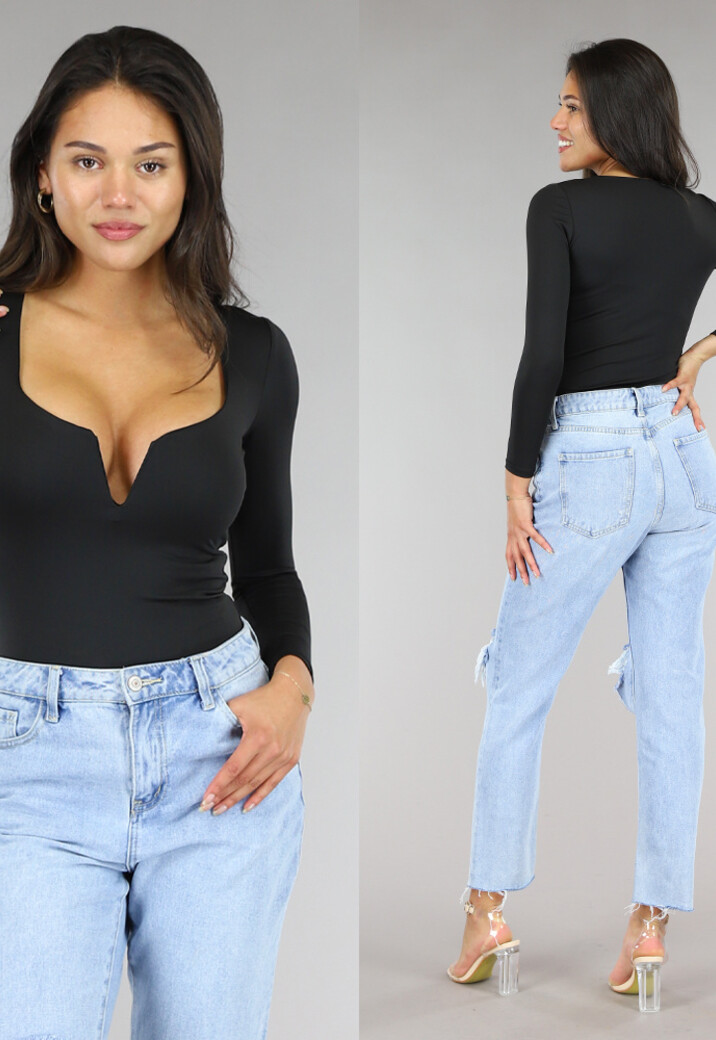 Elastische Zwarte Bodysuit met Diepe V-Hals