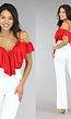 Rode Off-Shoulder Ruffle Bodysuit met Mesh Lijfje