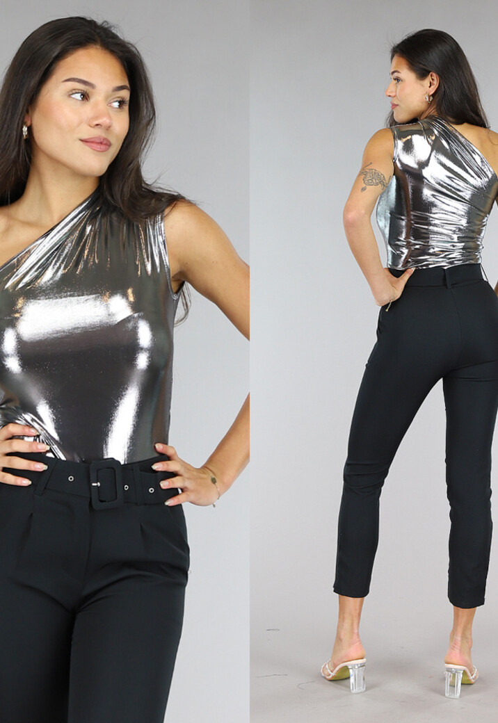 Zilveren Holografische Metallic One Shoulder Bodysuit