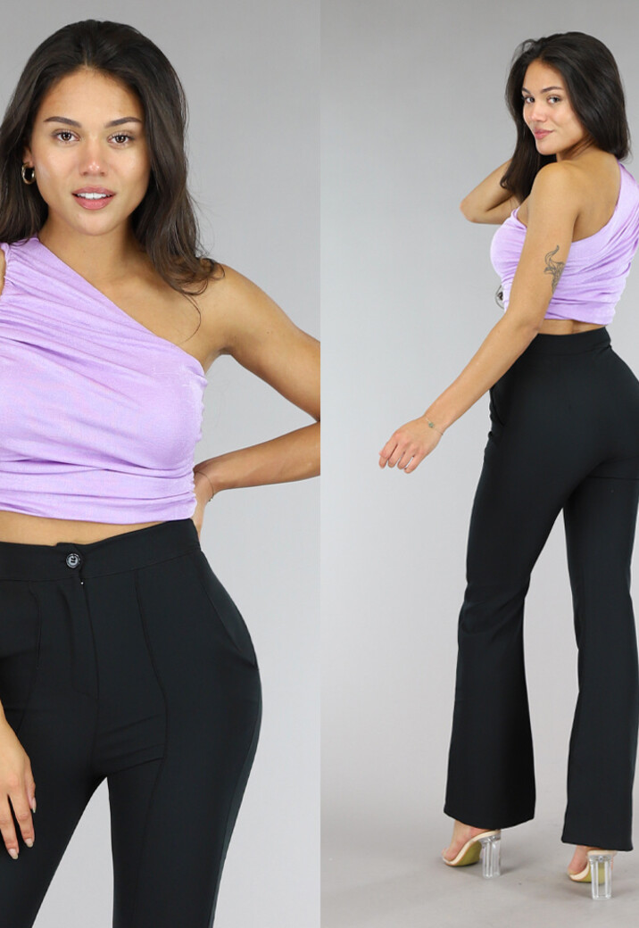 Paarse Geplooide Top met Één Schouderband