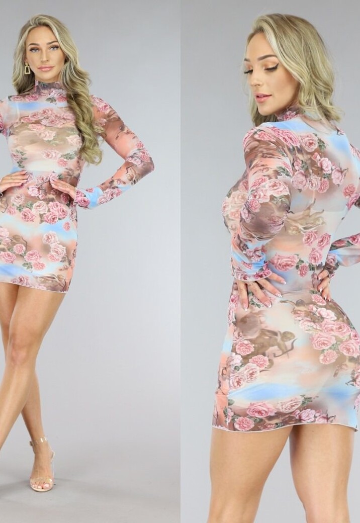 Roze Mesh Jurkje met Rozen Print
