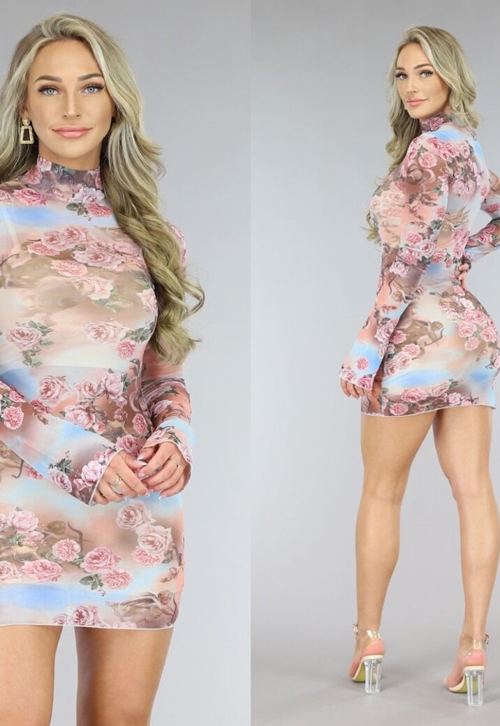 Roze Mesh Jurkje met Rozen Print