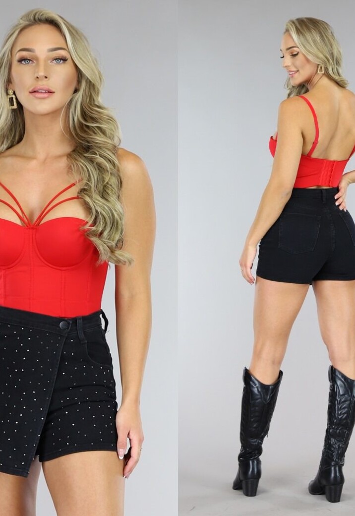 Strappy Rode Sexy Bustier met Cups