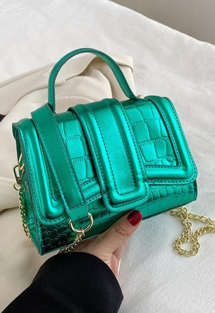 Groene Mini Metallic Croco Tas met Kettingriem