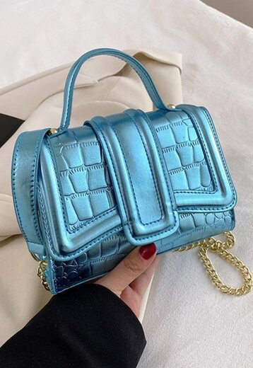 OP=OP.14.AV Blauwe Mini Croco Tas met Kettingriem