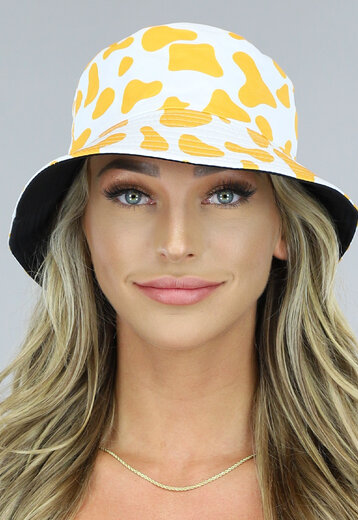 SALE80 Gele Bucket Hat met Koeien Print