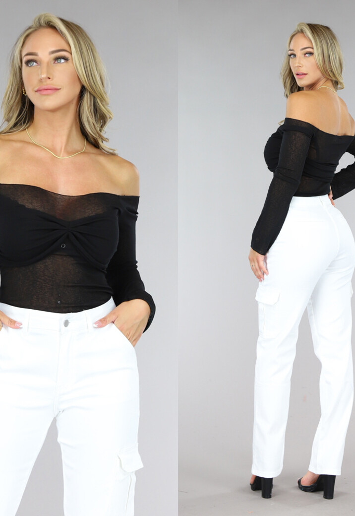 Zwarte Off-Shoulder Top met Geplooid Detail