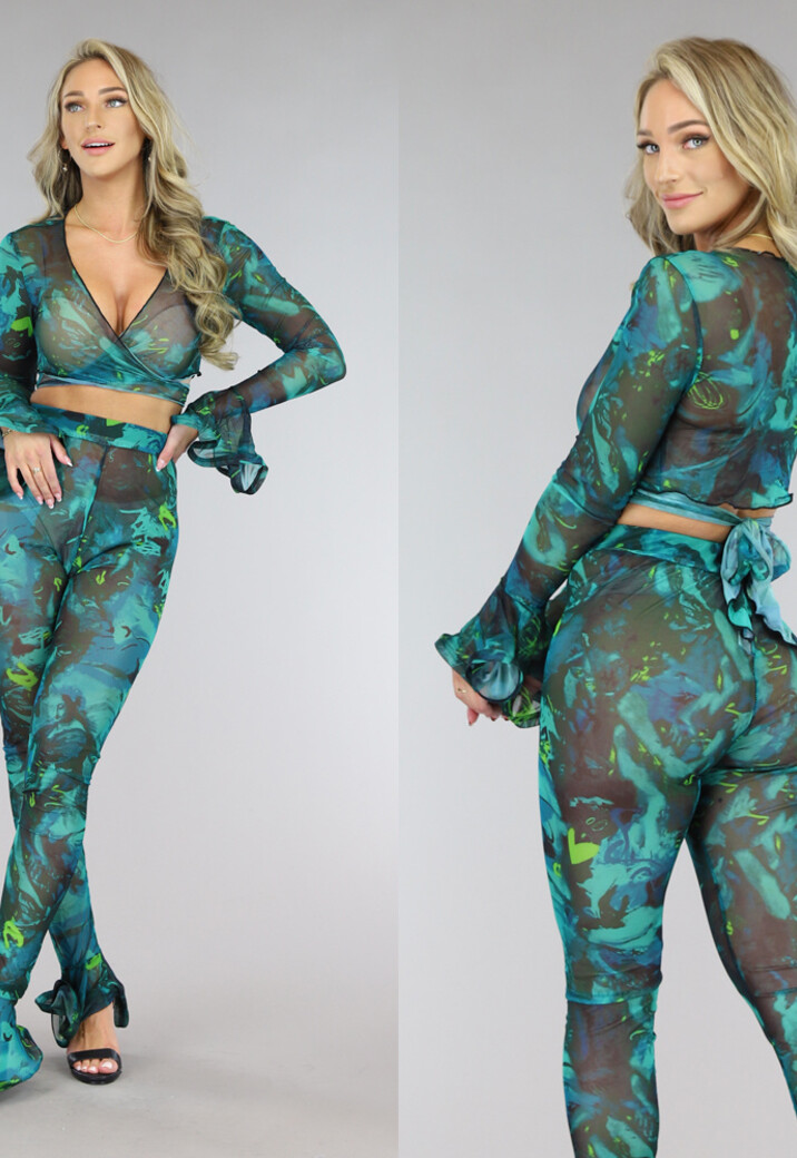 Groene Flair Mesh 2-Piece met Omslag Top