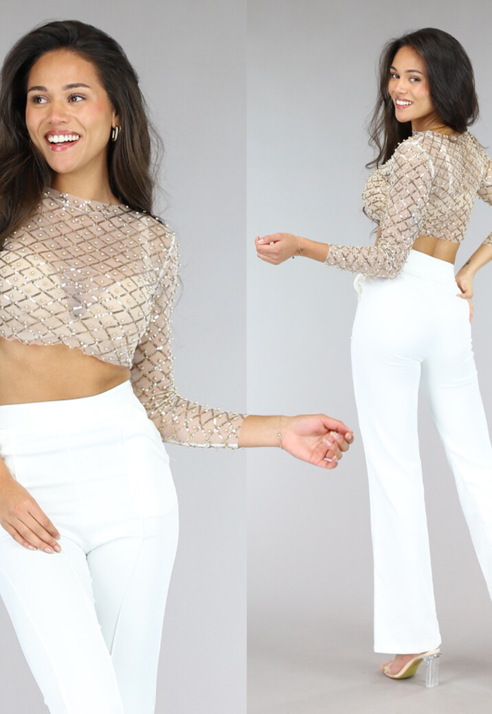 Gouden Longsleeve Mesh Top met Parels