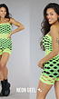 Neon Gele Strapless Fishnet Playsuit met Glitters