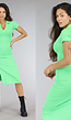 Groene Rib Gebreide Polo Jurk met V-Hals en Split