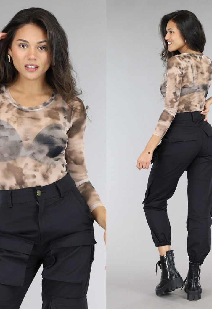 Beige Mesh Longsleeve Bodysuit met Print