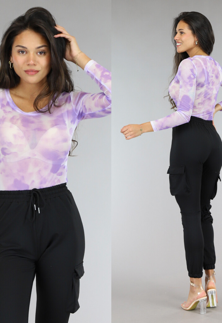 Lila Mesh Longsleeve Bodysuit met Print