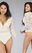 Beige Bodysuit met Kanten Details met See-Through Taille