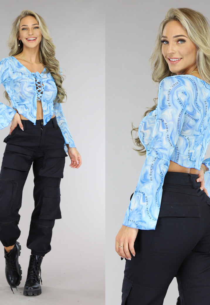 Blauwe Flair Top met Marble Print met Veterdetail en Flair Mouwen