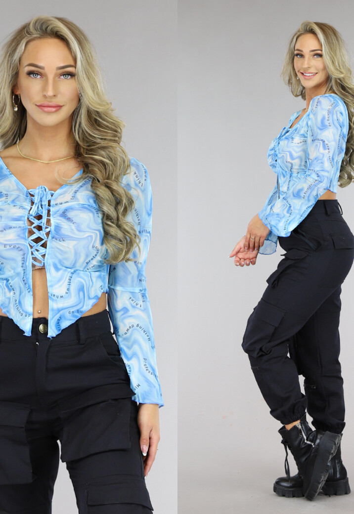 Blauwe Flair Top met Marble Print met Veterdetail en Flair Mouwen
