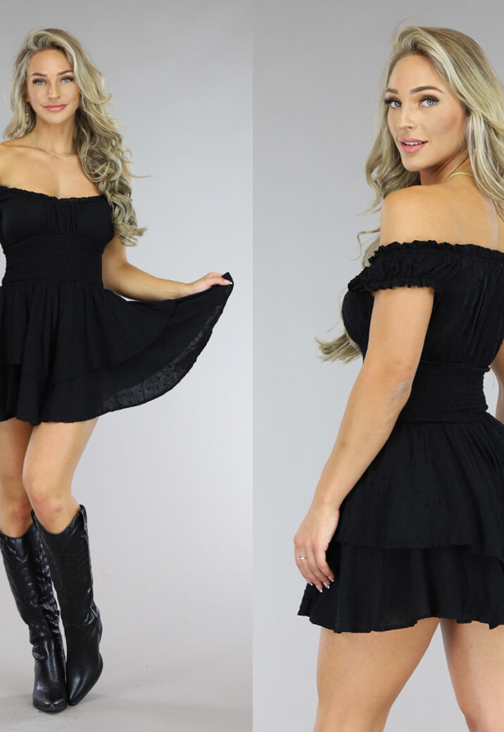 Zwarte Layered Polkadot Off Shoulder Playsuit