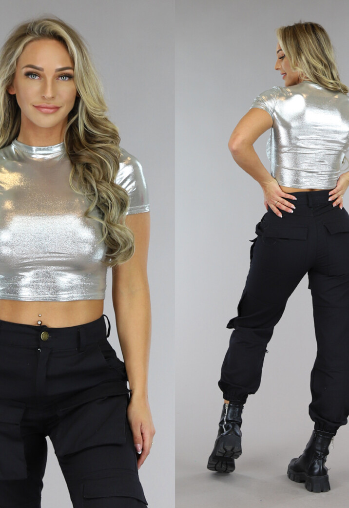 Zilveren Metallic Cropped T-Shirt