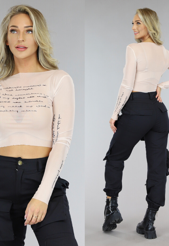 Beige Longsleeve Letter Mesh Top