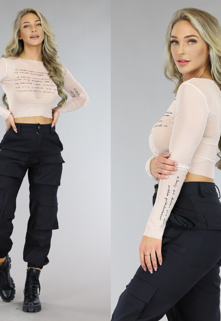 Beige Longsleeve Letter Mesh Top