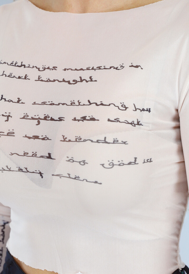 Beige Longsleeve Letter Mesh Top