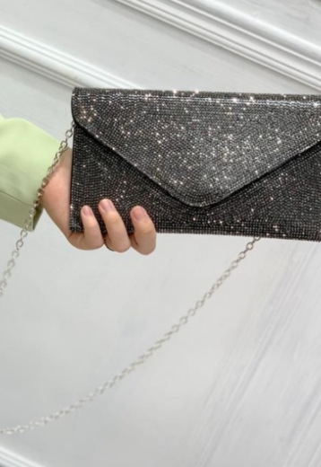 OP=OP.14.AV Antraciet met Strass Bedekte Clutch