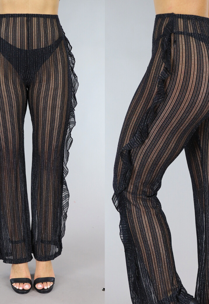 Zwarte Gestreepte Cover-Up broek met Ruches