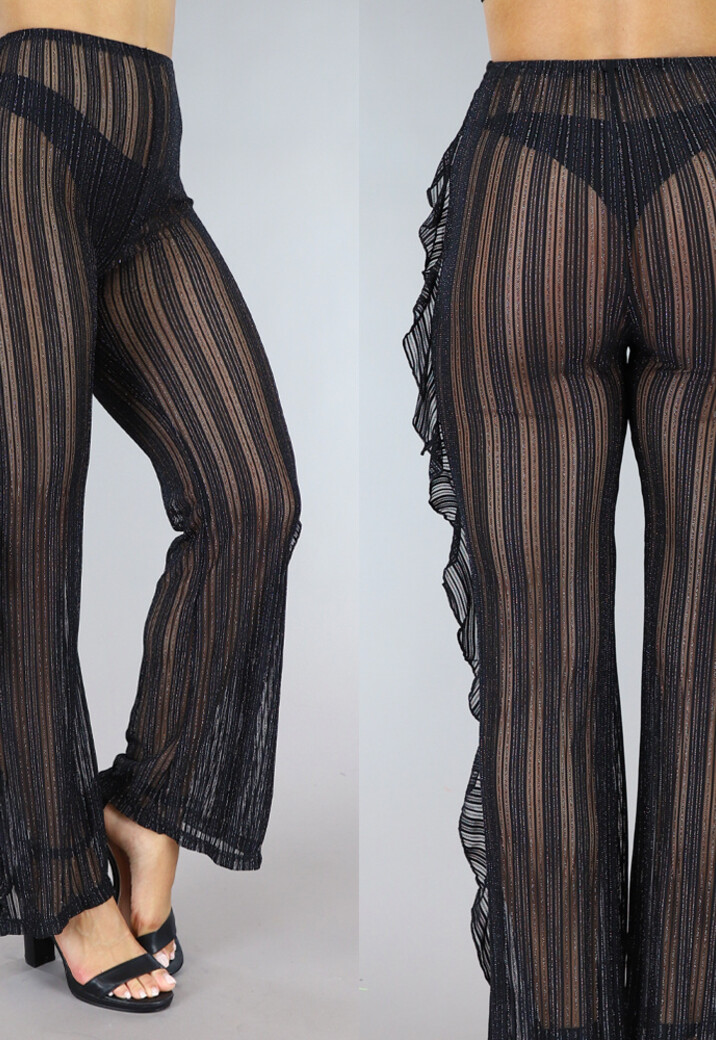 Zwarte Gestreepte Cover-Up broek met Ruches