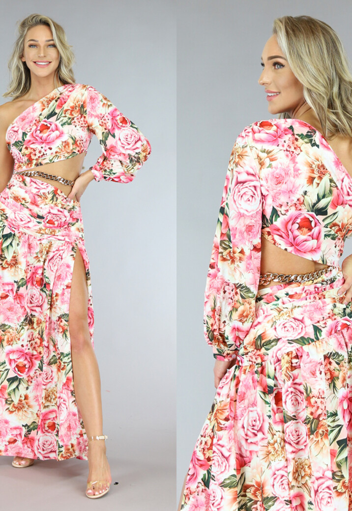Bloemenprint Maxi Jurk met One Shoulder en Cut Outs