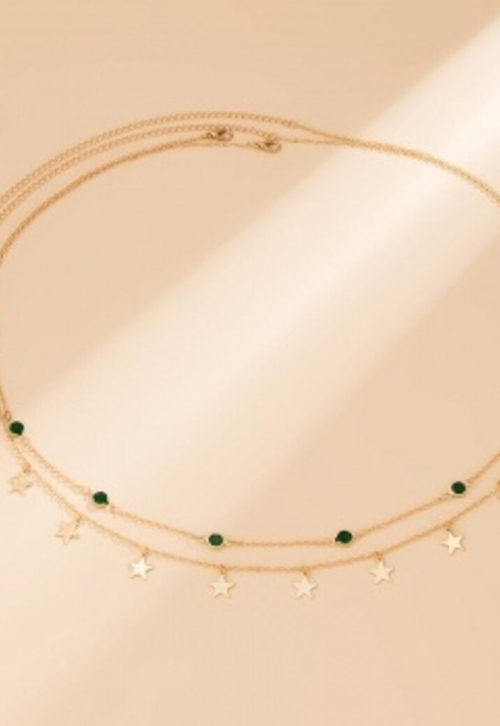 Gouden Heup Bodychain met Sterretjes en Groene Steentjes