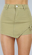 Khaki Denim Skort met Overslag en Veterdetails