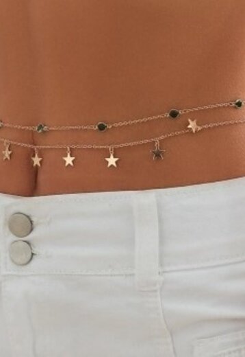 Gouden Bodychain met Sterretjes en Groene Steentjes