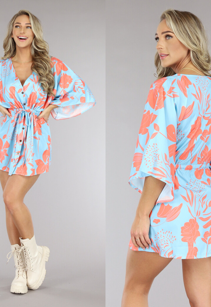 Lichtblauwe Satin Jurk met Bloemen Print