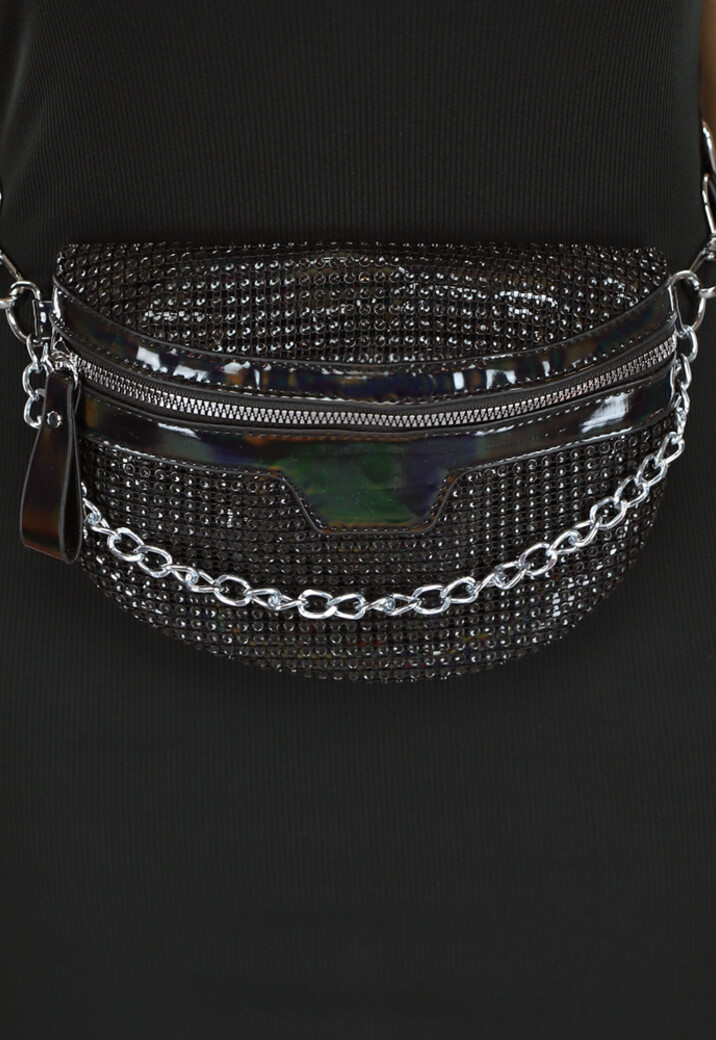 Zwarte Glitter Crossbody Tas met ketting
