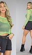 Groene Longsleeve Fishnet Strass Top