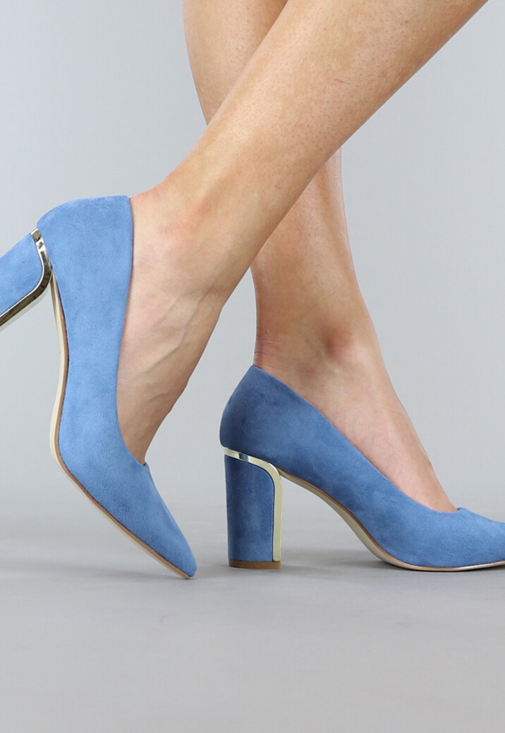 Marine Blauwe Suèdelook Pumps met Gouden Blokhak