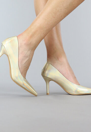 BF2023 Lage Gouden Holografische Lederlook Pumps