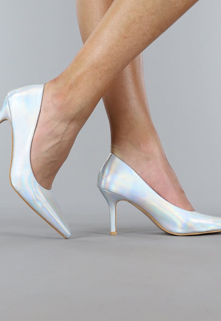 Lage Zilveren Holografische Lederlook Pumps