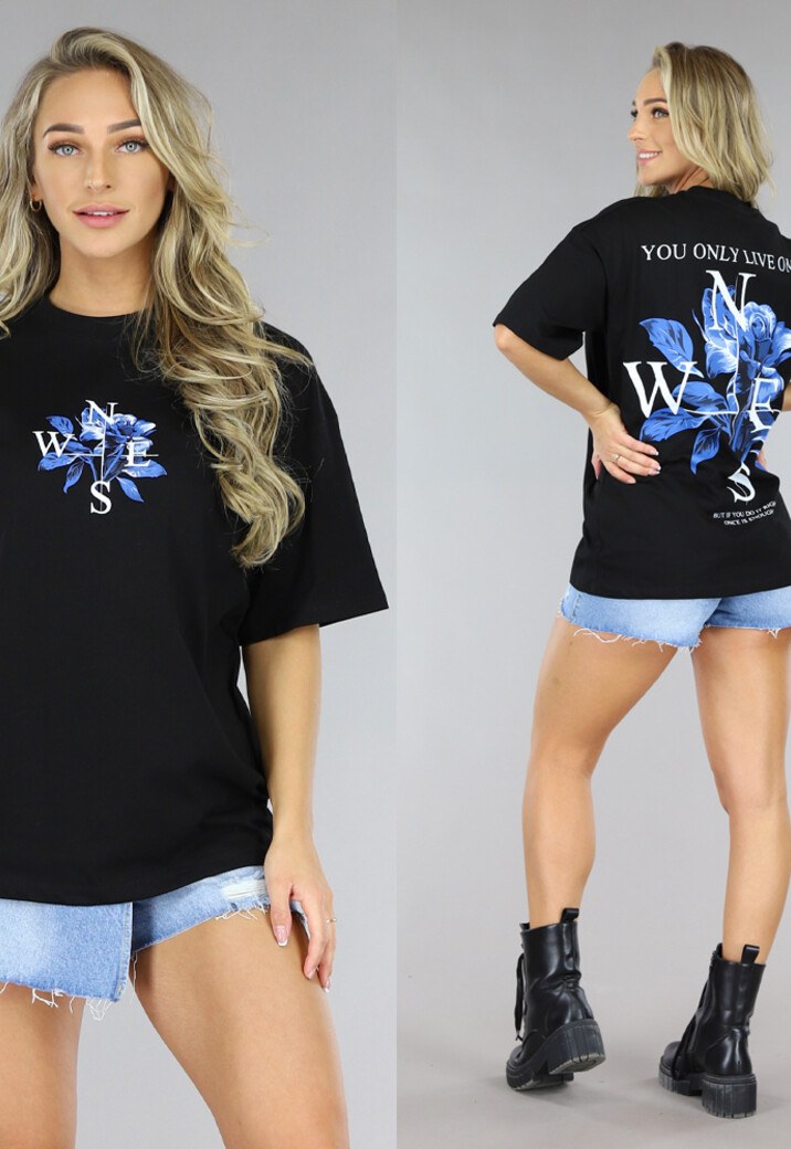 Zwart T-Shirt met Rozen Print