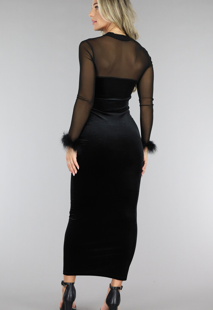 Zwarte Velvet Korset Look Jurk met Veren